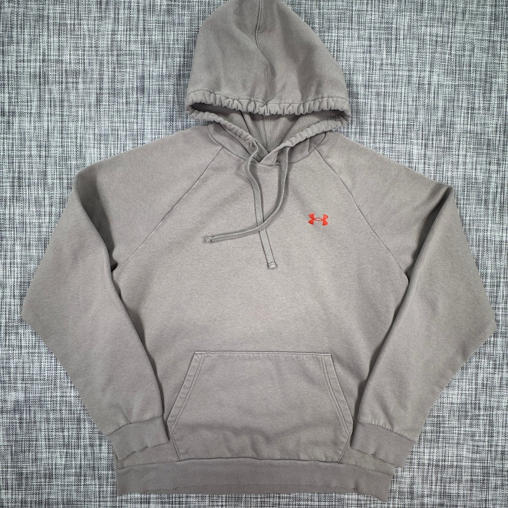 Under Armour Mens Large Rival Fleece Mountain Hoodie Taupe Cotton Blend Pullover